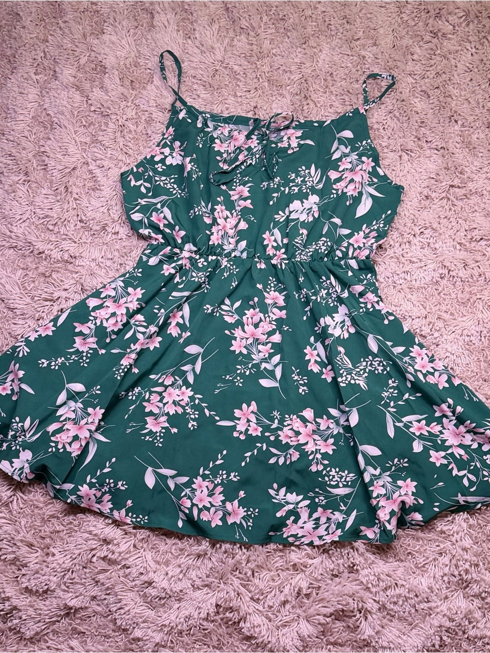 Green Pink Floral Tie Front Spaghetti Strap Fit Flare Dress XXL Cottagecore